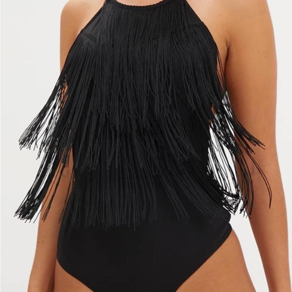 Fringe Halter Black Bodysuit PrettyLittleThing